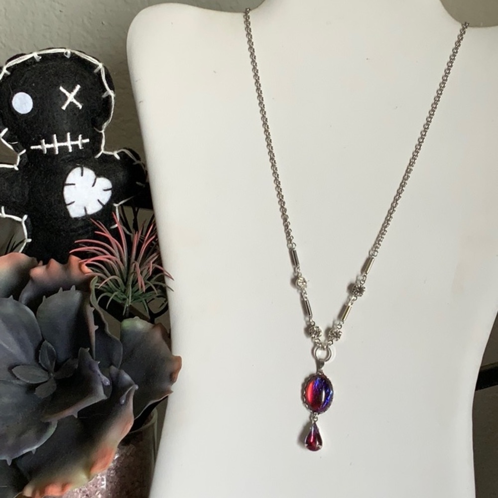 Glowing Alexandrite and Red/Blue Sabrina Drop Crystal and Stainless Bar on Chain